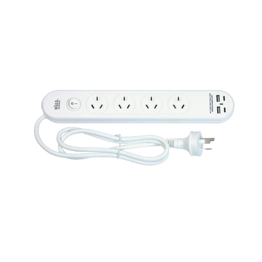 Hills Antenna 09H4PBUSBC 4 Way Powerboard with overload protection 2 USB-A + 2USB-C with master switch white 1M