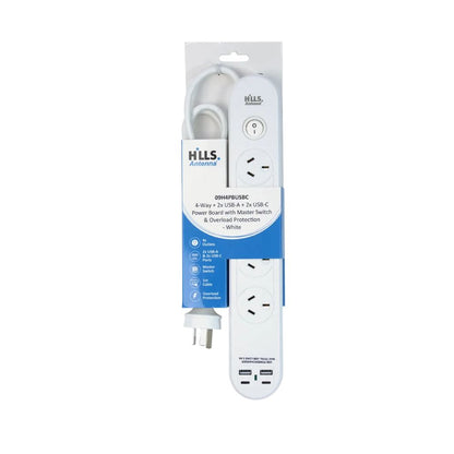 Hills Antenna 09H4PBUSBC 4 Way Powerboard with overload protection 2 USB-A + 2USB-C with master switch white 1M