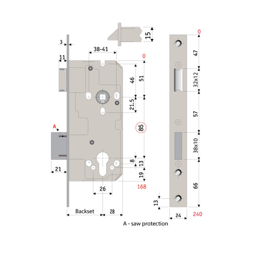 PROTECTOR, PR78560SB, 785 Series Mortice Sash Lock Pitch 85mm Backset 60mm Satin Brass