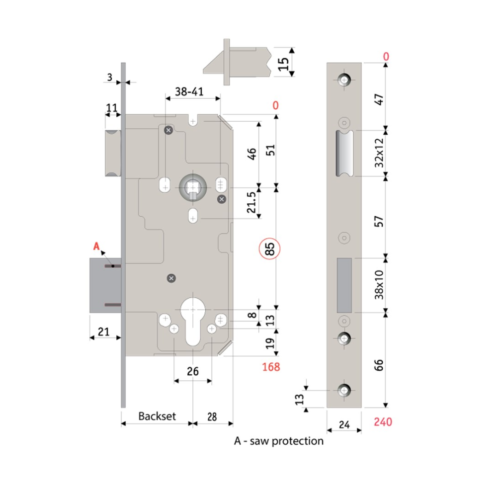 PROTECTOR, PR78560SS, 785 Series Mortice Sash Lock Pitch 85mm Backset 60mm Stainless Steel