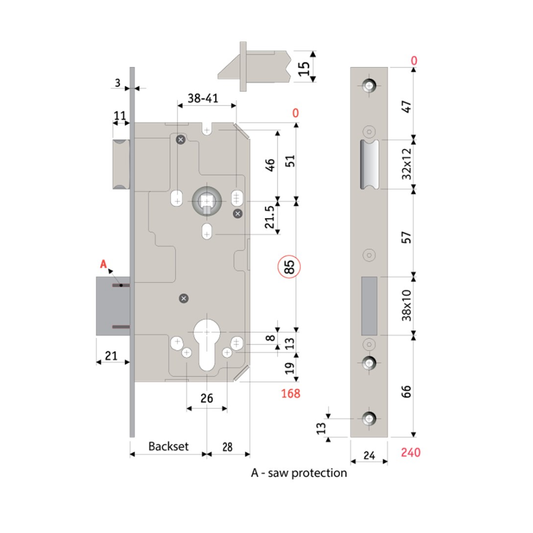 PROTECTOR, PR78560SS, 785 Series Mortice Sash Lock Pitch 85mm Backset 60mm Stainless Steel